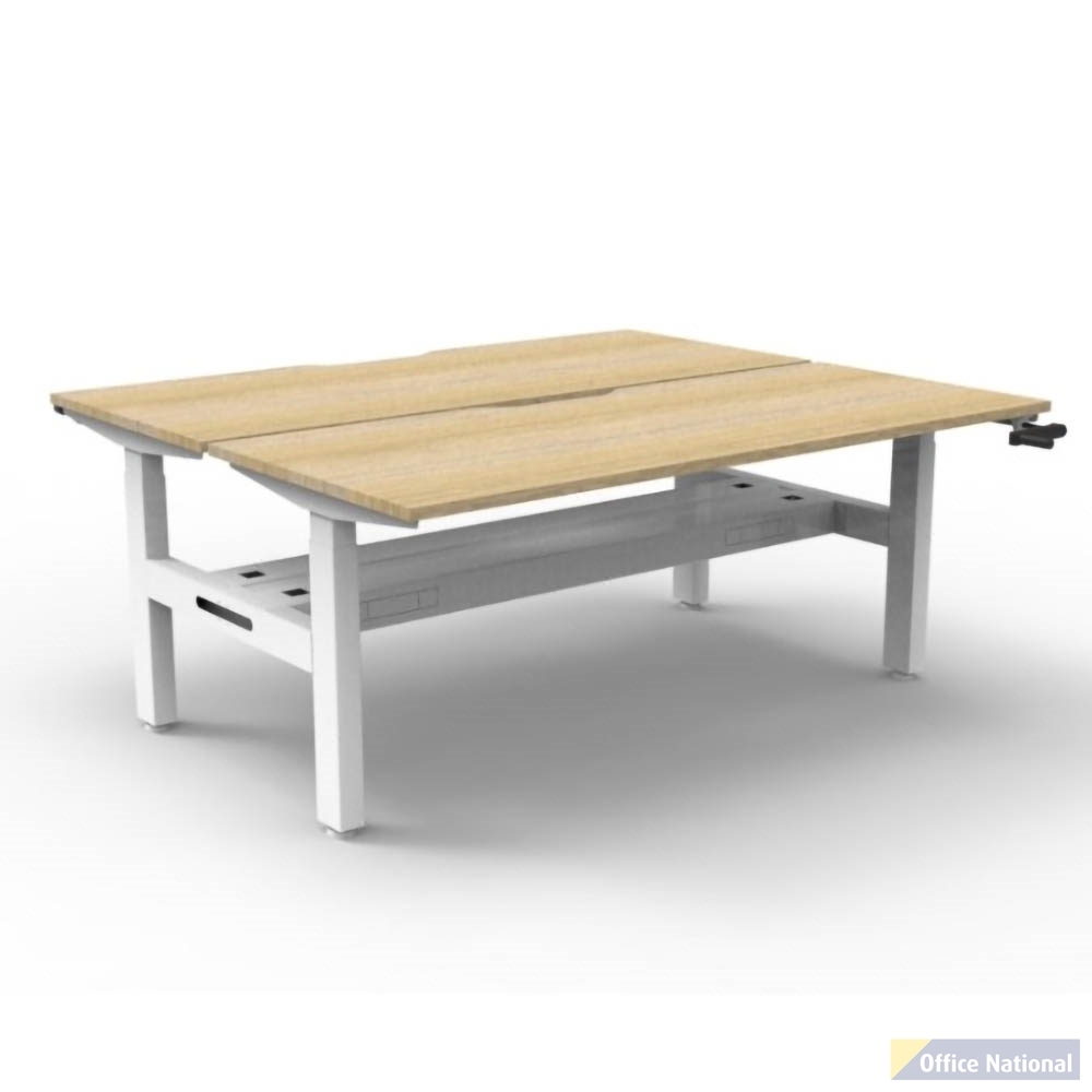 RAPIDLINE BOOST CRANK BACK TO BACK WORKSTATION WITH CABLE TRAY 1500 X 1500 X 705MM NATURAL OAK TOP AND WHITE SATIN FRAME