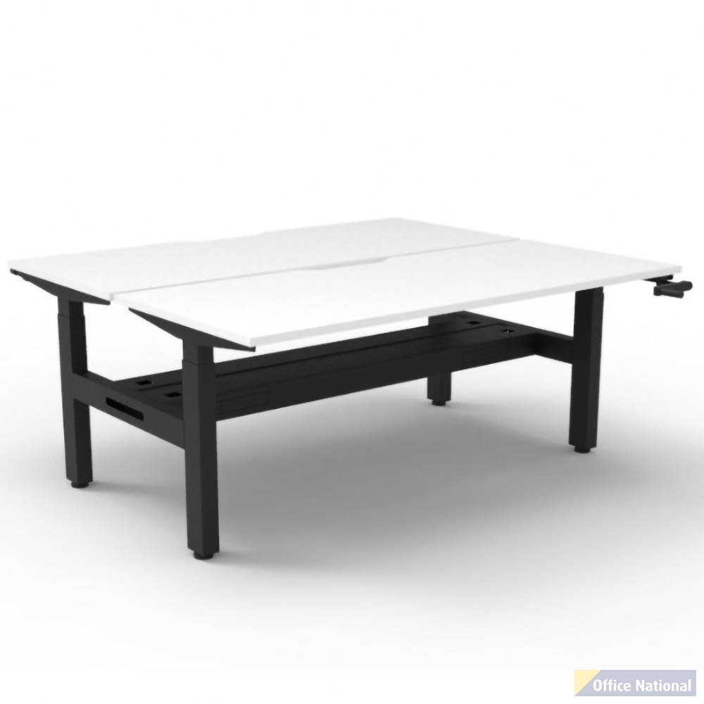 RAPIDLINE BOOST CRANK BACK TO BACK WORKSTATION WITH CABLE TRAY 1500 X 1500 X 705MM NATURAL WHITE TOP AND BLACK SATIN FRAME