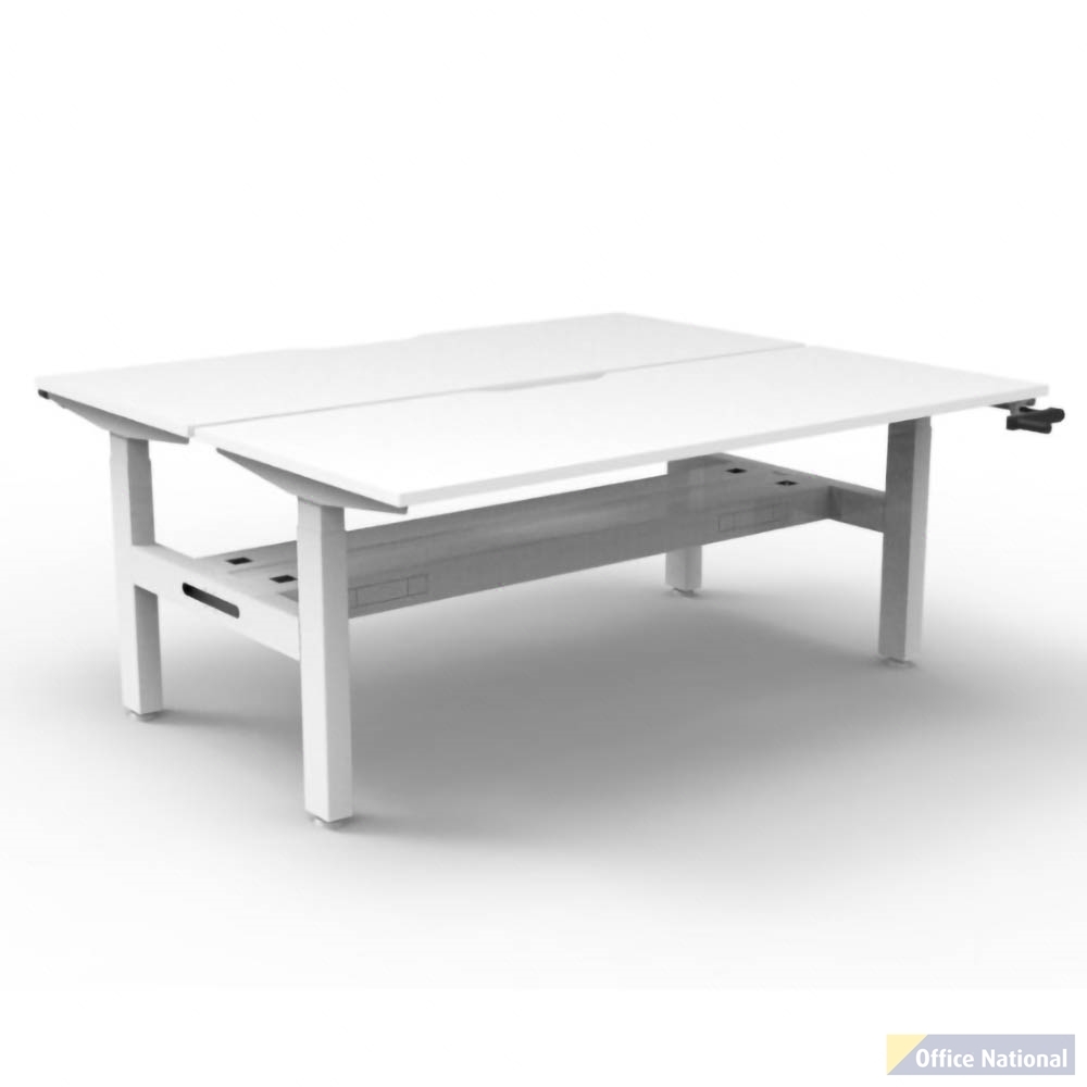 RAPIDLINE BOOST CRANK BACK TO BACK WORKSTATION WITH CABLE TRAY 1500 X 1500 X 705MM NATURAL WHITE TOP AND WHITE SATIN FRAME