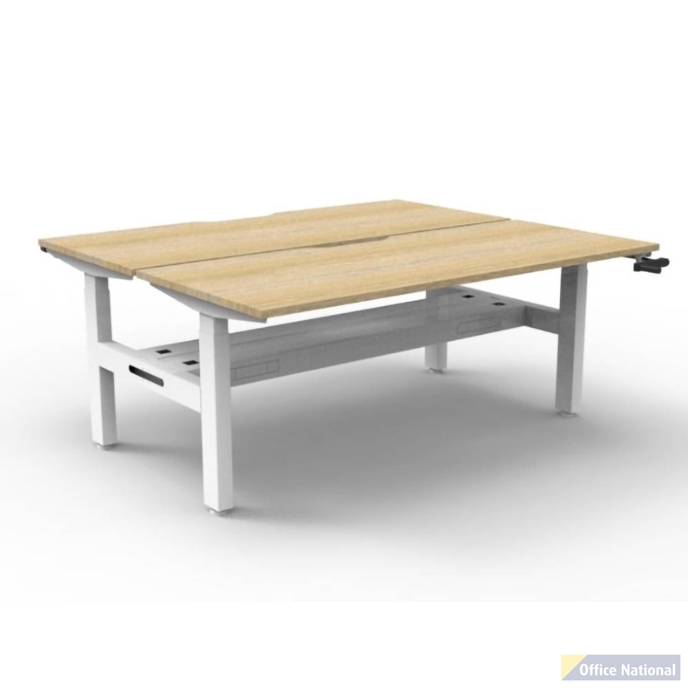 RAPIDLINE BOOST CRANK BACK TO BACK WORKSTATION WITH CABLE TRAY 1800 X 1500 X 705MM NATURAL OAK TOP AND WHITE SATIN FRAME