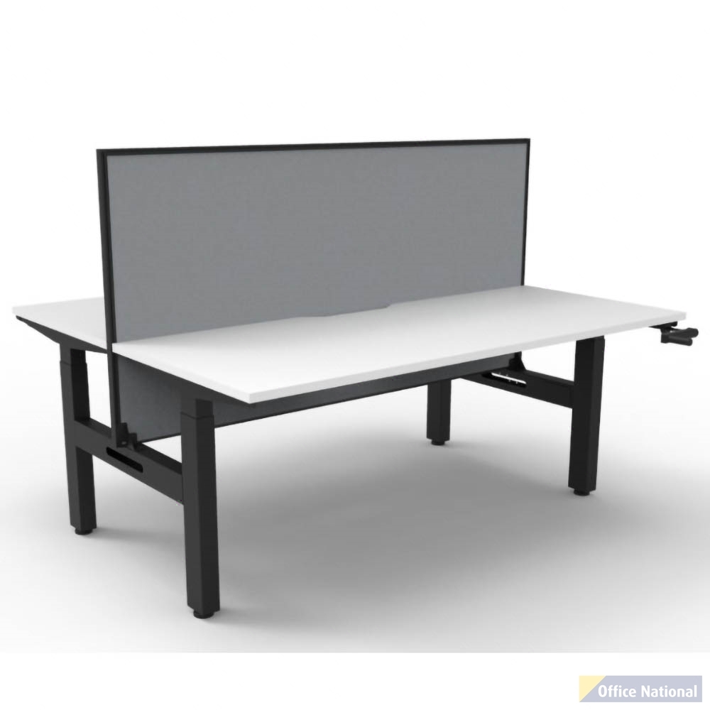 RAPIDLINE BOOST CRANK BACK TO BACK WORKSTATION WITH SCREEN 1500 X 1500 X 705MM NATURAL WHITE TOP AND BLACK SATIN FRAME