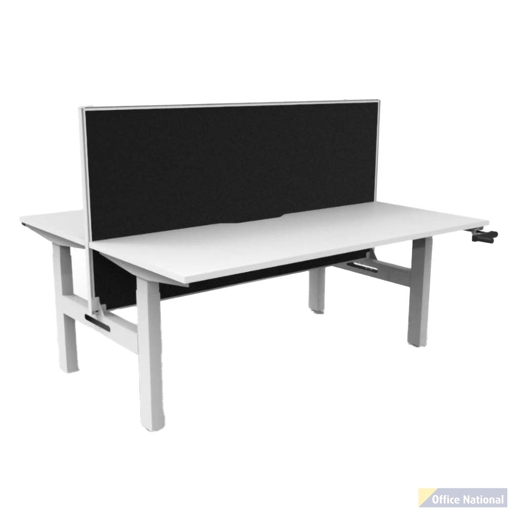 RAPIDLINE BOOST CRANK BACK TO BACK WORKSTATION WITH SCREEN 1500 X 1500 X 705MM NATURAL WHITE TOP AND WHITE SATIN FRAME