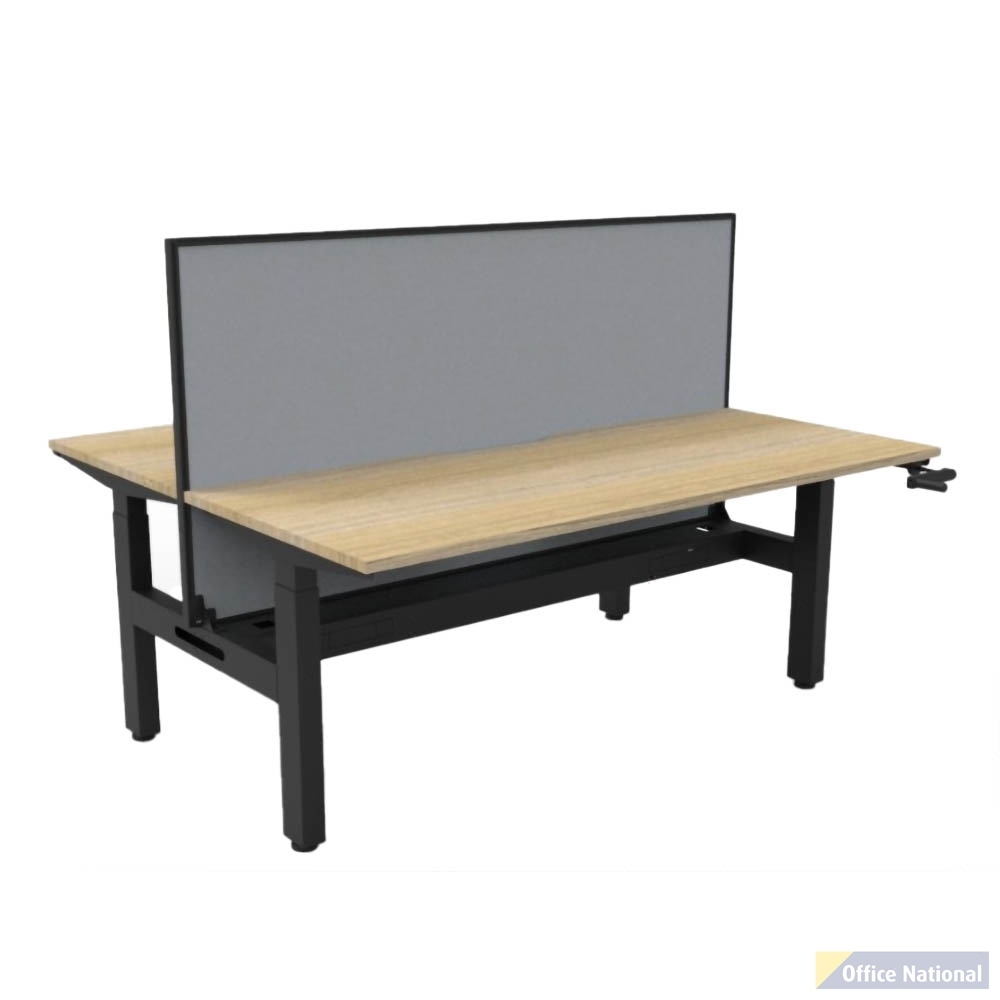 RAPIDLINE BOOST CRANK BACK TO BACK WORKSTATION WITH CABLE TRAY AND SCREEN 1500 X 1500 X 705MM NATURAL OAK TOP AND BLACK SATIN FRAME