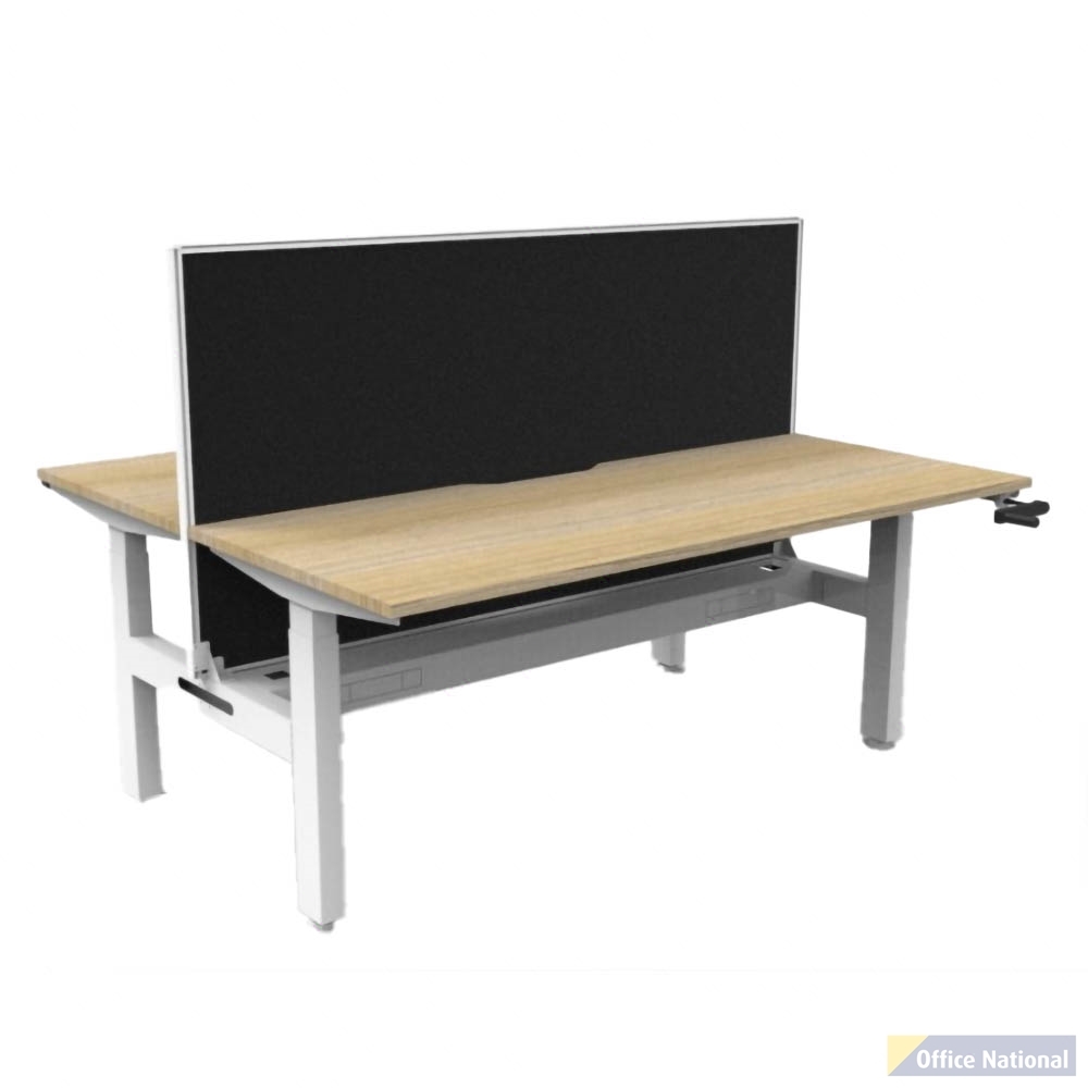 RAPIDLINE BOOST CRANK BACK TO BACK WORKSTATION WITH CABLE TRAY AND SCREEN 1500 X 1500 X 705MM NATURAL OAK TOP AND WHITE SATIN FRAME