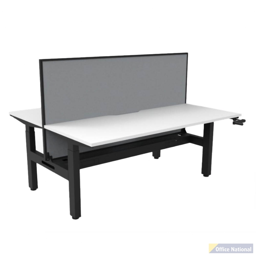RAPIDLINE BOOST CRANK BACK TO BACK WORKSTATION WITH CABLE TRAY AND SCREEN 1500 X 1500 X 705MM NATURAL WHITE TOP AND BLACK SATIN FRAME