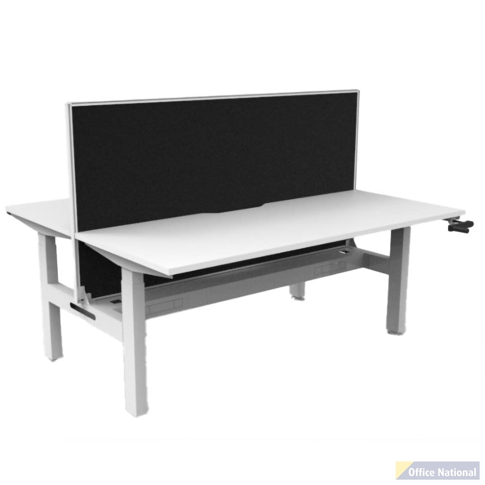 RAPIDLINE BOOST CRANK BACK TO BACK WORKSTATION WITH CABLE TRAY AND SCREEN 1500 X 1500 X 705MM NATURAL WHITE TOP AND WHITE SATIN FRAME
