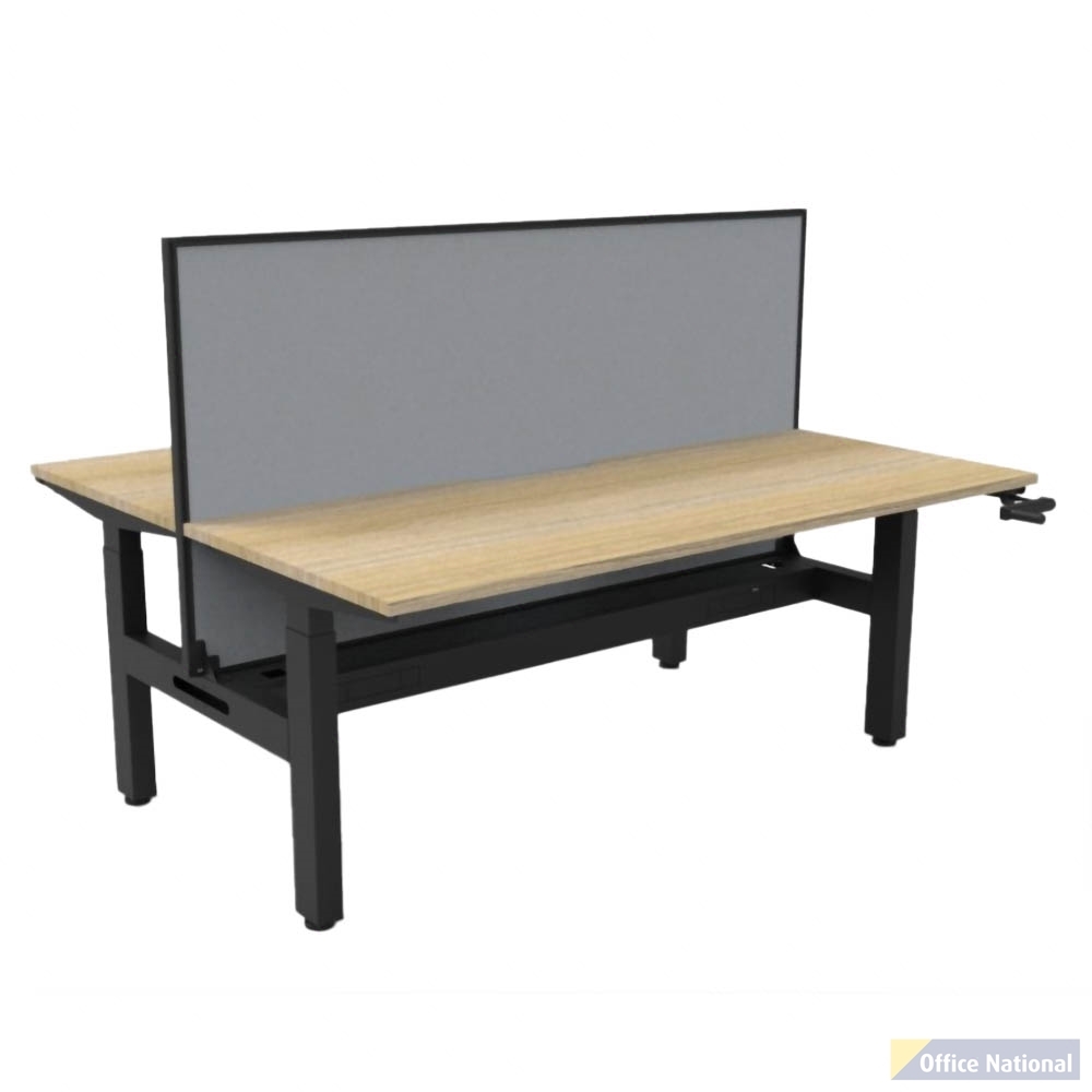 RAPIDLINE BOOST CRANK BACK TO BACK WORKSTATION WITH CABLE TRAY AND SCREEN 1800 X 1500 X 705MM NATURAL OAK TOP AND BLACK SATIN FRAME