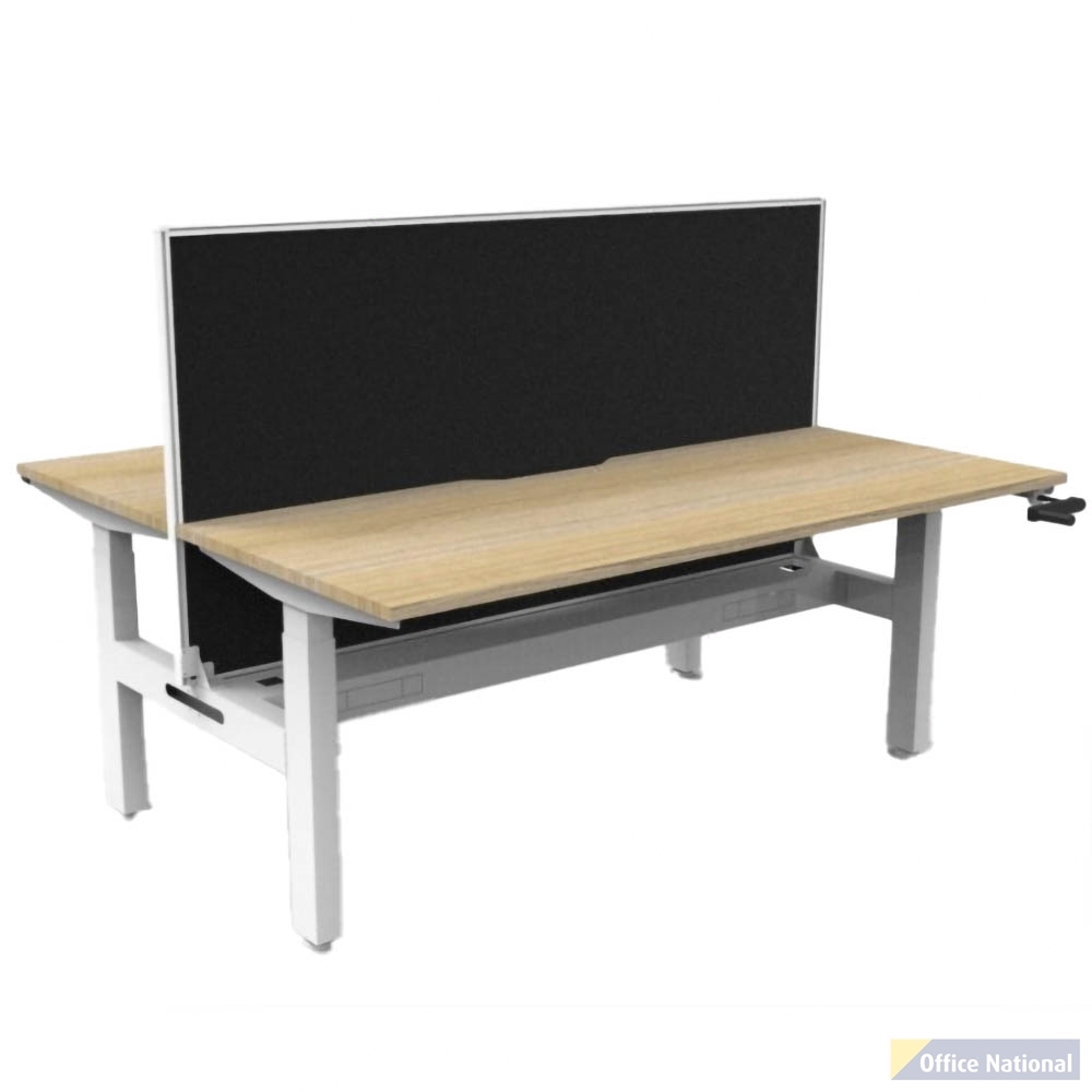 RAPIDLINE BOOST CRANK BACK TO BACK WORKSTATION WITH CABLE TRAY AND SCREEN 1800 X 1500 X 705MM NATURAL OAK TOP AND WHITE SATIN FRAME