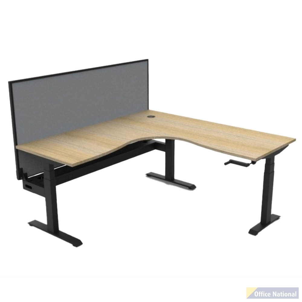 RAPIDLINE BOOST CRANK CORNER WORKSTATION WITH CABLE TRAY AND SCREEN 1500 X 1500 X 750MM NATURAL OAK TOP AND BLACK SATIN FRAME