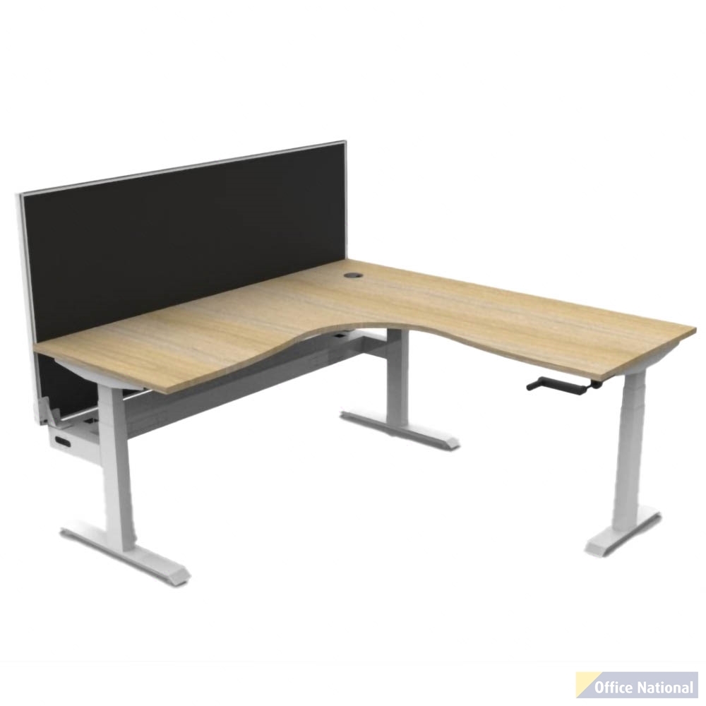 RAPIDLINE BOOST CRANK CORNER WORKSTATION WITH CABLE TRAY AND SCREEN 1800 X 1500 X 750MM NATURAL OAK TOP AND WHITE SATIN FRAME