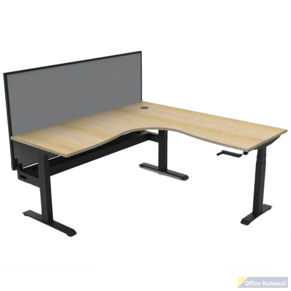 RAPIDLINE BOOST CRANK CORNER WORKSTATION WITH CABLE TRAY AND SCREEN 1800 X 1800 X 750MM NATURAL OAK TOP AND BLACK SATIN FRAME