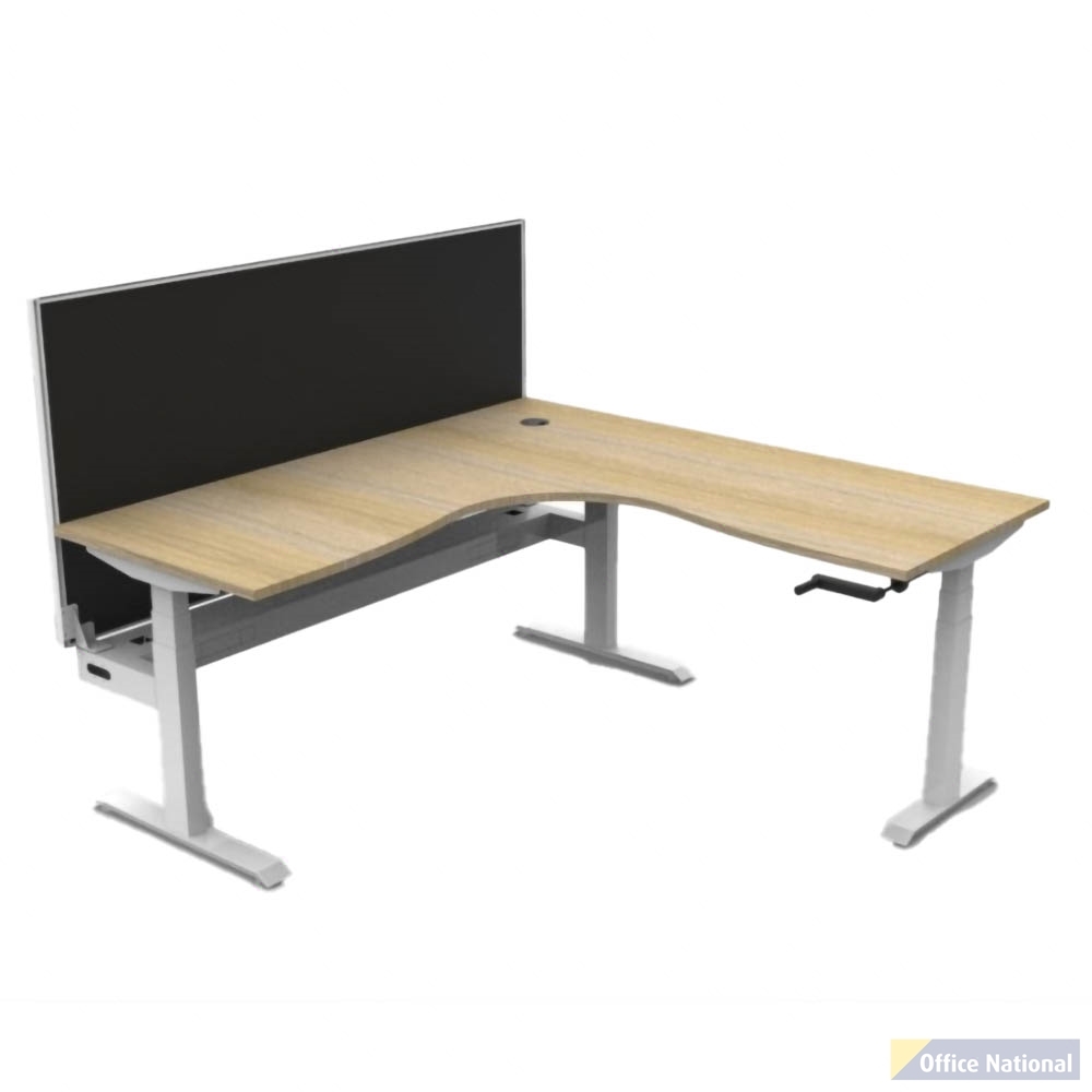 RAPIDLINE BOOST CRANK CORNER WORKSTATION WITH CABLE TRAY AND SCREEN 1800 X 1800 X 750MM NATURAL OAK TOP AND WHITE SATIN FRAME