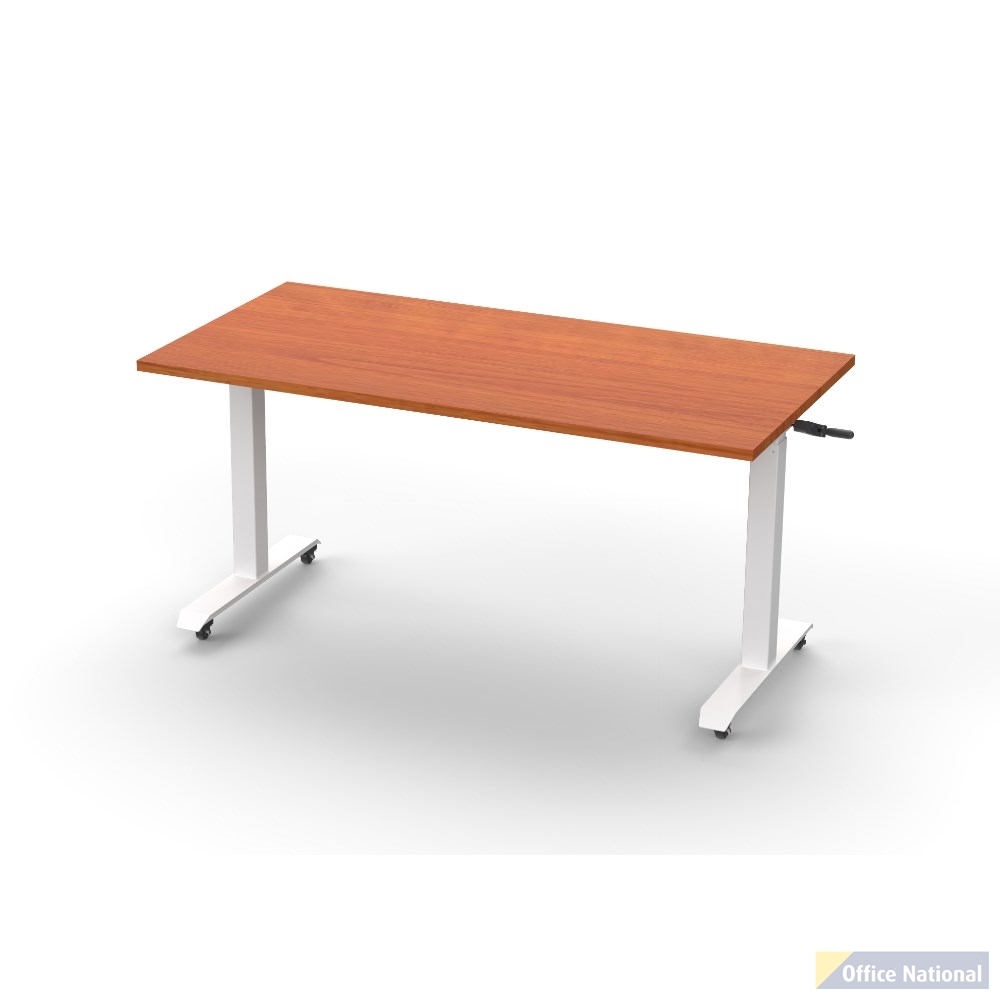 RAPIDLINE BOOST HEIGHT ADJUST FLIP TOP TABLE 1500 X 750 X 725MM CHERRY TOP AND WHITE P/C FRAME