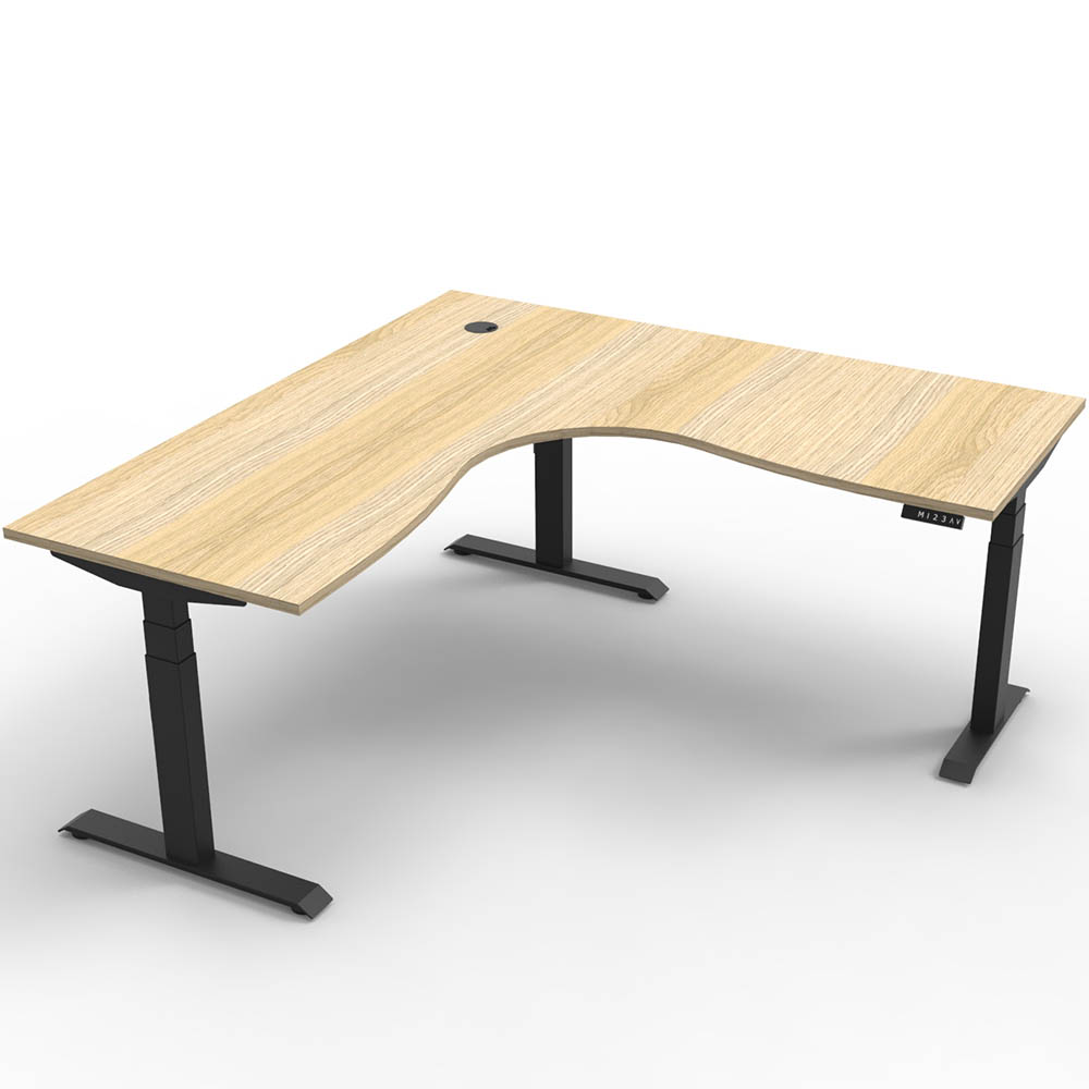RAPIDLINE BOOST PLUS HEIGHT ADJUSTABLE CORNER WORKSTATION 1800 X 1500 X 750MM NATURAL OAK TOP / BLACK FRAME