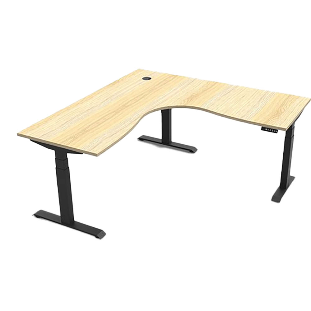 RAPIDLINE BOOST PLUS HEIGHT ADJUSTABLE CORNER WORKSTATION 1800 X 1800 X 750MM NATURAL OAK TOP / BLACK FRAME