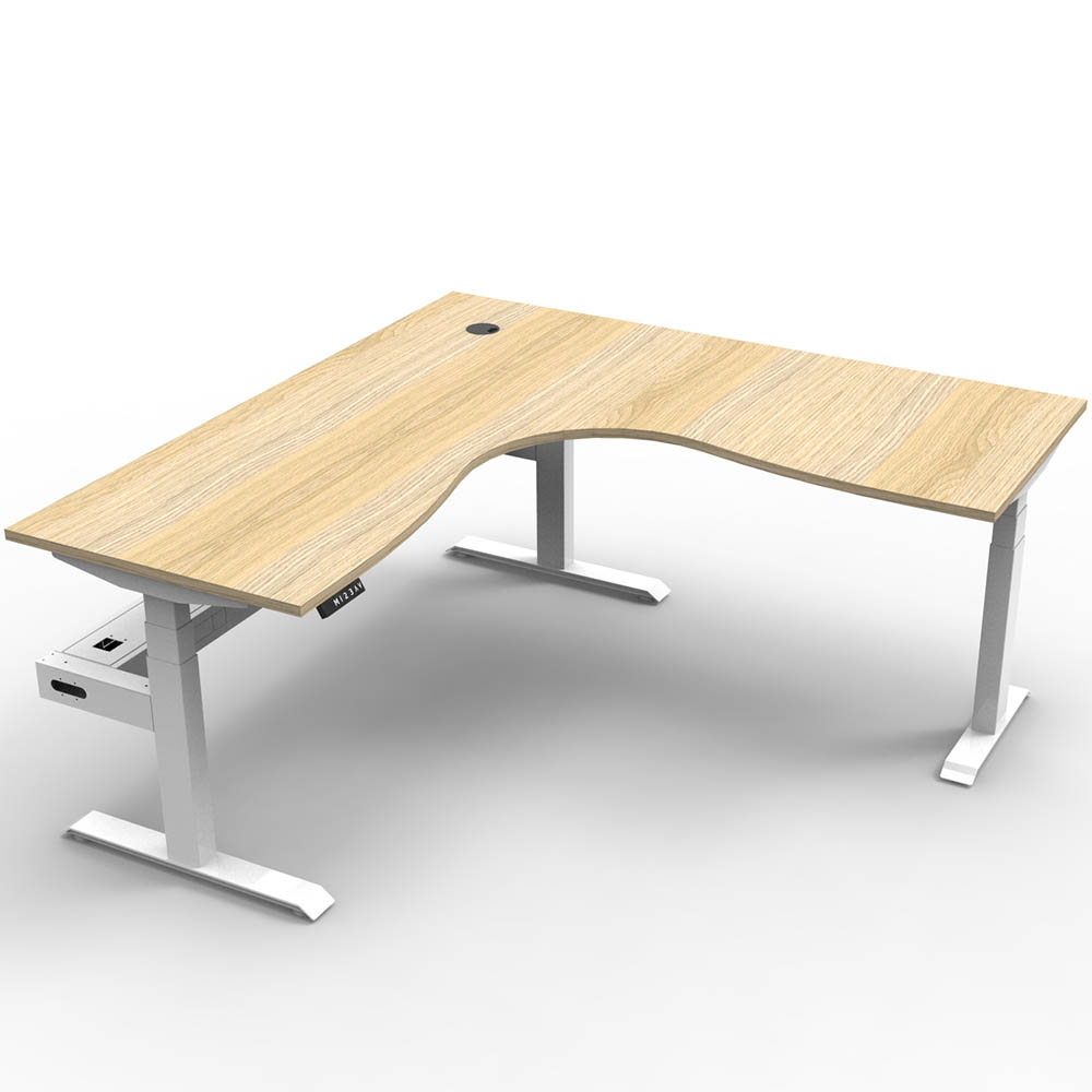 RAPIDLINE BOOST PLUS HEIGHT ADJUSTABLE CORNER WORKSTATION WITH CABLE TRAY 1500 X 1500 X 750MM NATURAL OAK TOP / WHITE FRAME