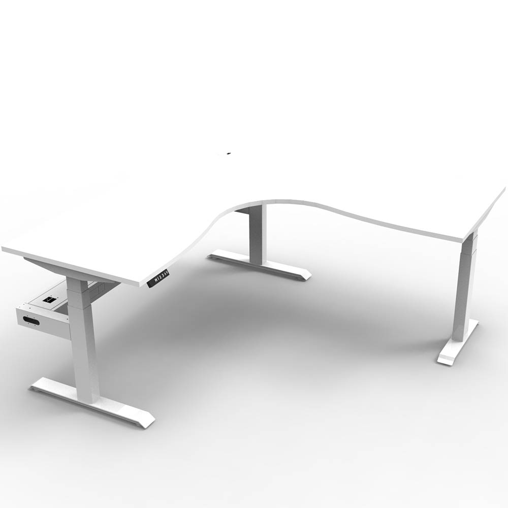 RAPIDLINE BOOST PLUS HEIGHT ADJUSTABLE CORNER WORKSTATION WITH CABLE TRAY 1500 X 1500 X 750MM NATURAL WHITE TOP / WHITE FRAME