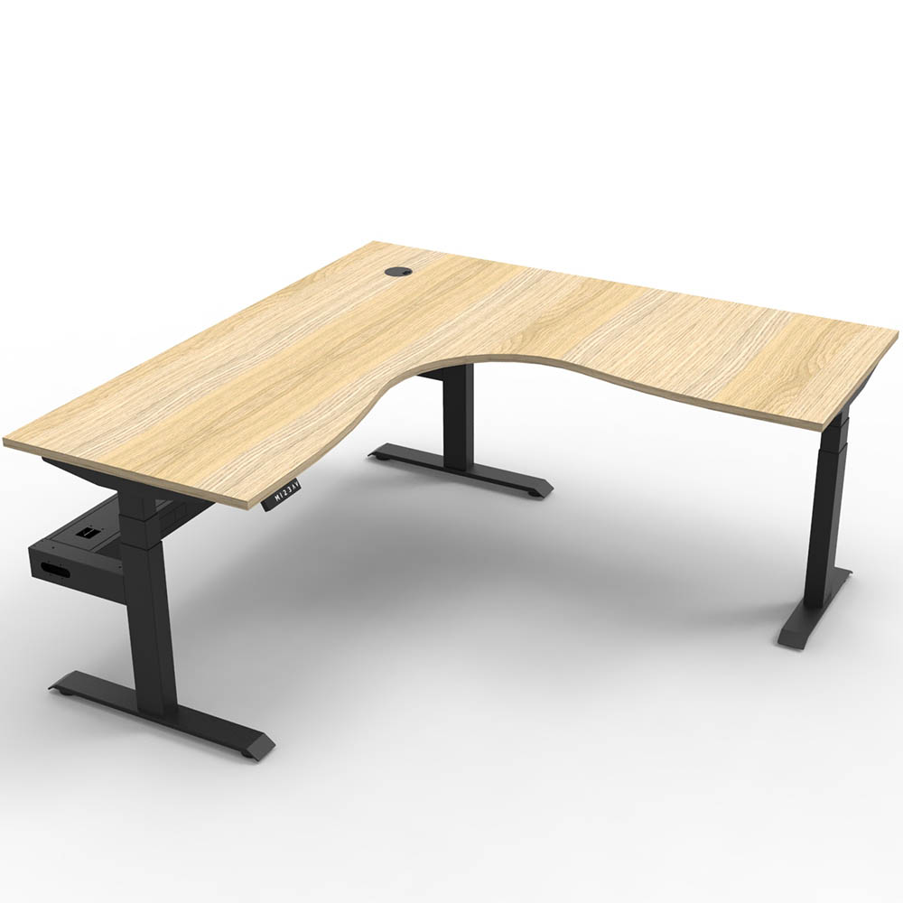 RAPIDLINE BOOST PLUS HEIGHT ADJUSTABLE CORNER WORKSTATION WITH CABLE TRAY 1800 X 1500 X 750MM NATURAL OAK TOP / BLACK FRAME