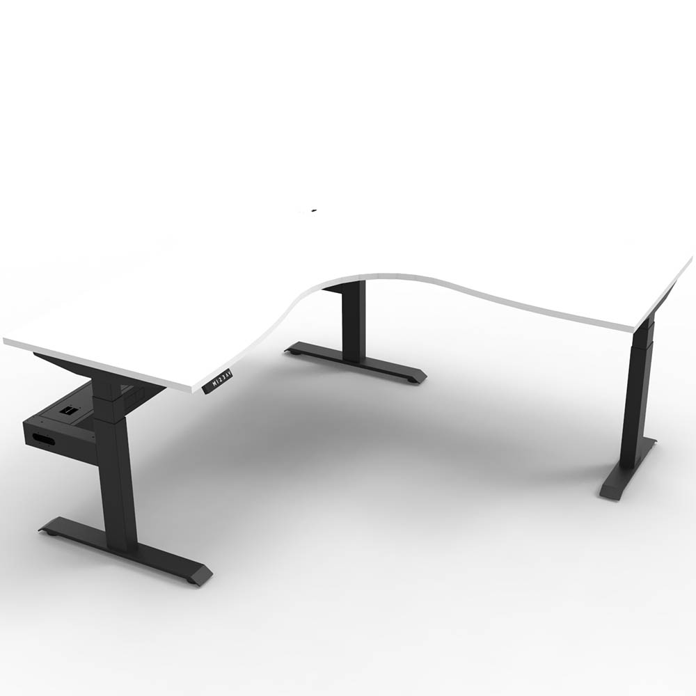 RAPIDLINE BOOST PLUS HEIGHT ADJUSTABLE CORNER WORKSTATION WITH CABLE TRAY 1800 X 1500 X 750MM NATURAL WHITE TOP / BLACK FRAME