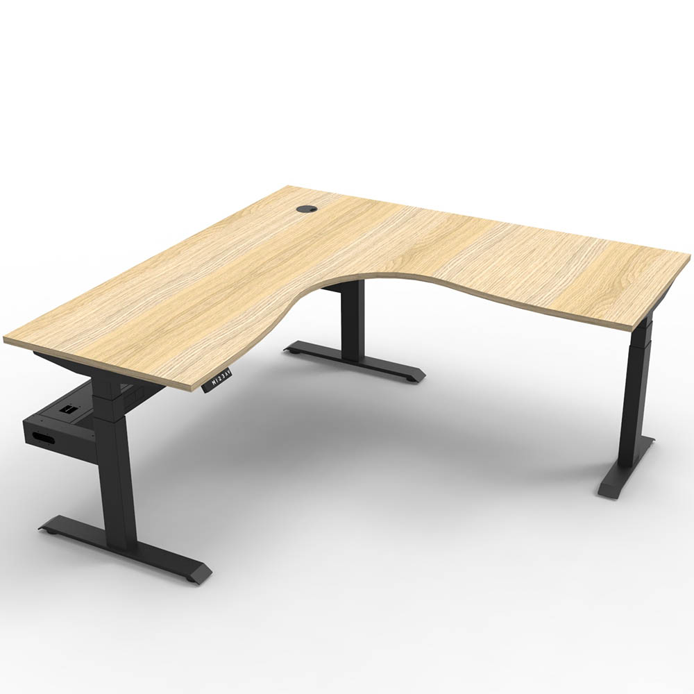RAPIDLINE BOOST PLUS HEIGHT ADJUSTABLE CORNER WORKSTATION WITH CABLE TRAY 1800 X 1800 X 750MM NATURAL OAK TOP / BLACK FRAME