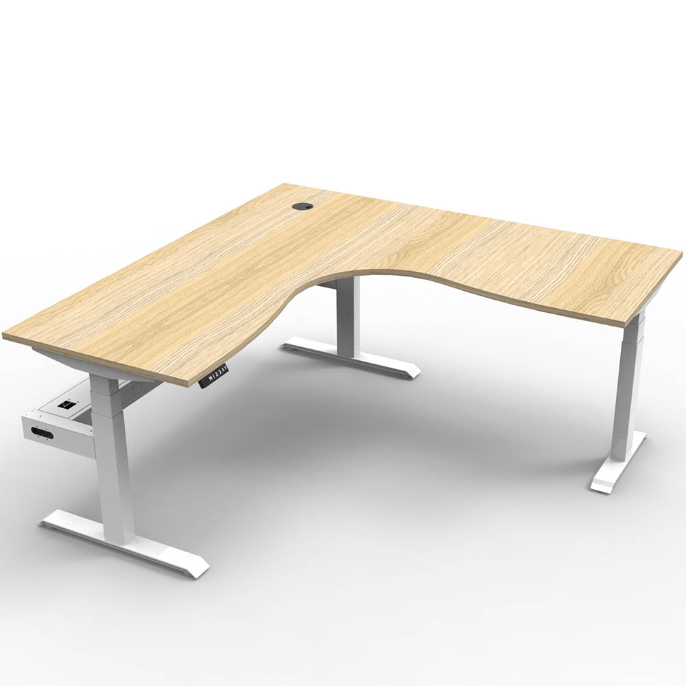 RAPIDLINE BOOST PLUS HEIGHT ADJUSTABLE CORNER WORKSTATION WITH CABLE TRAY 1800 X 1800 X 750MM NATURAL OAK TOP / WHITE FRAME