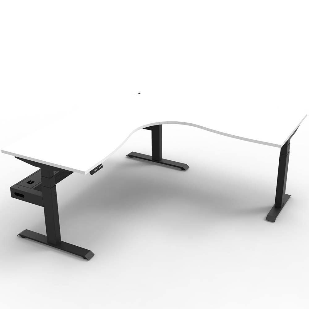 RAPIDLINE BOOST PLUS HEIGHT ADJUSTABLE CORNER WORKSTATION WITH CABLE TRAY 1800 X 1800 X 750MM NATURAL WHITE TOP / BLACK FRAME