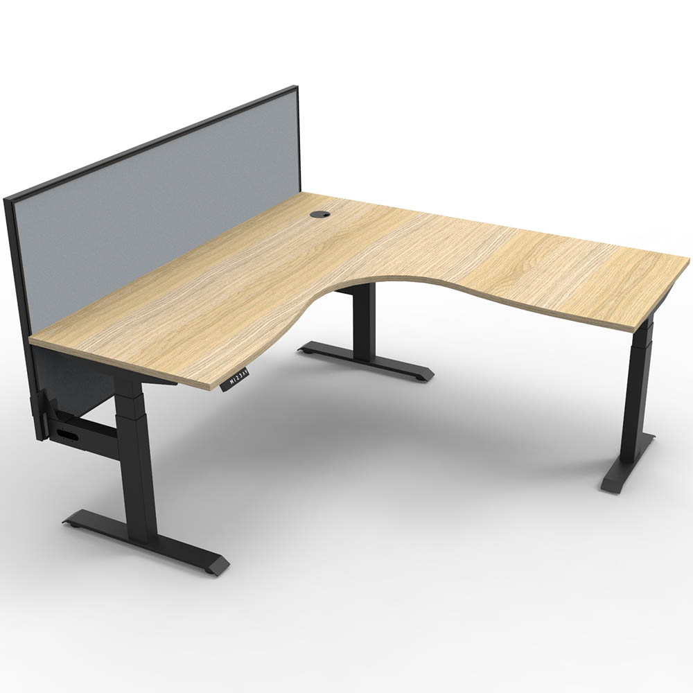 RAPIDLINE BOOST PLUS HEIGHT ADJUSTABLE CORNER WORKSTATION WITH SCREEN 1500 X 1500 X 750MM NATURAL OAK TOP / BLACK FRAME / GREY SCREEN
