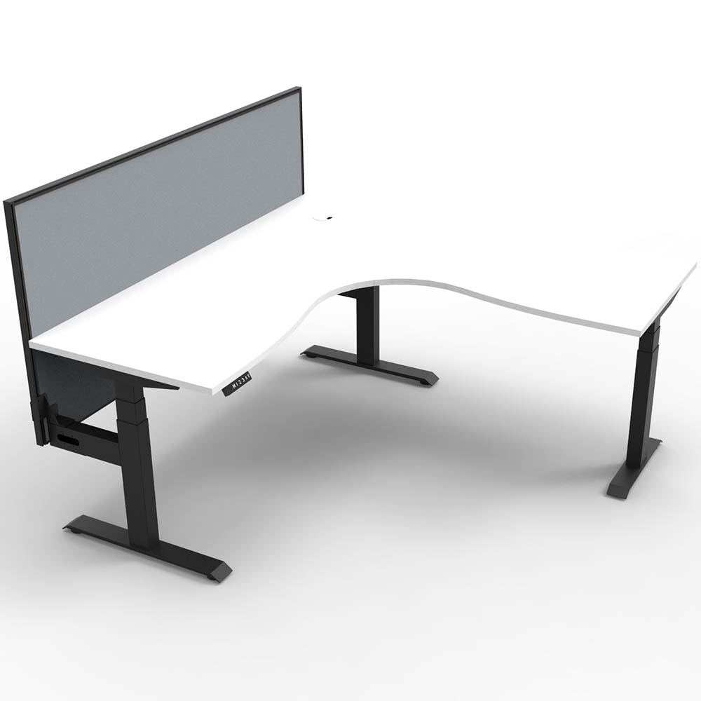 RAPIDLINE BOOST PLUS HEIGHT ADJUSTABLE CORNER WORKSTATION WITH SCREEN 1500 X 1500 X 750MM NATURAL WHITE TOP / BLACK FRAME / GREY SCREEN