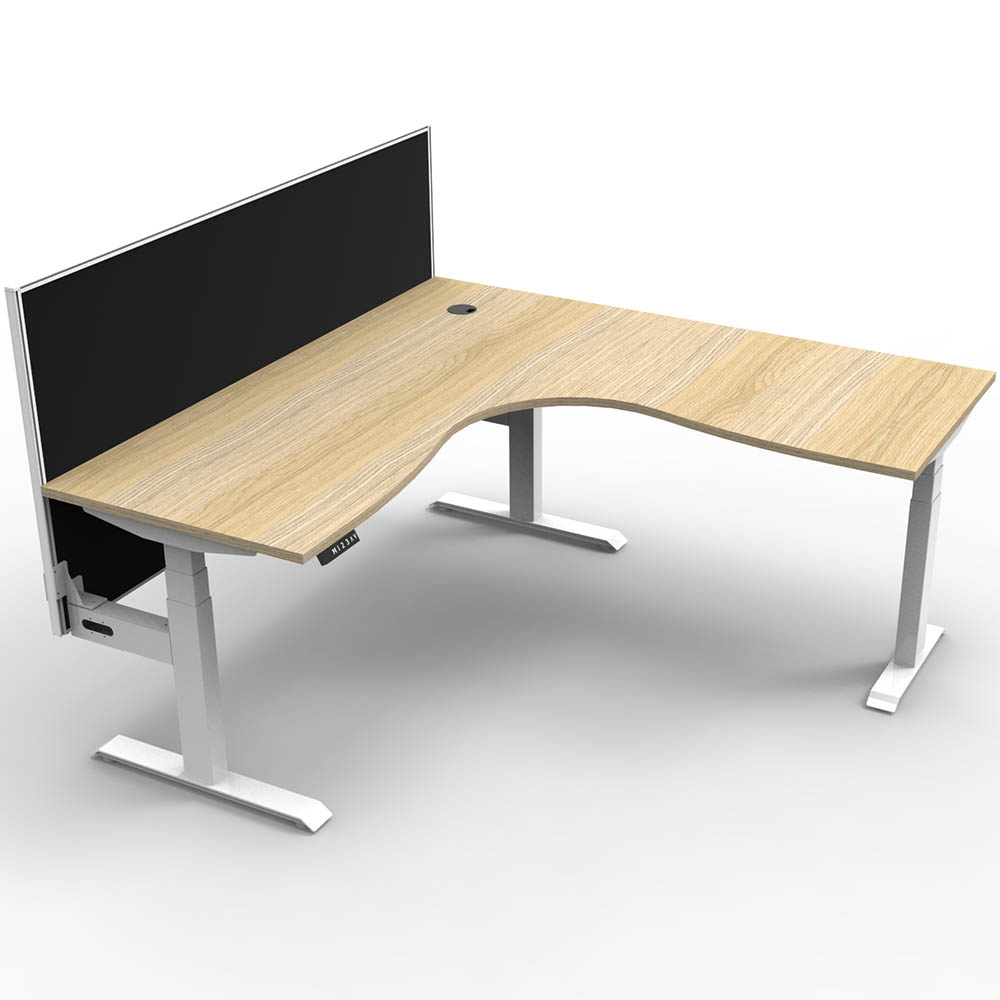 RAPIDLINE BOOST PLUS HEIGHT ADJUSTABLE CORNER WORKSTATION WITH SCREEN 1800 X 1500 X 750MM NATURAL OAK TOP / WHITE FRAME / BLACK SCREEN