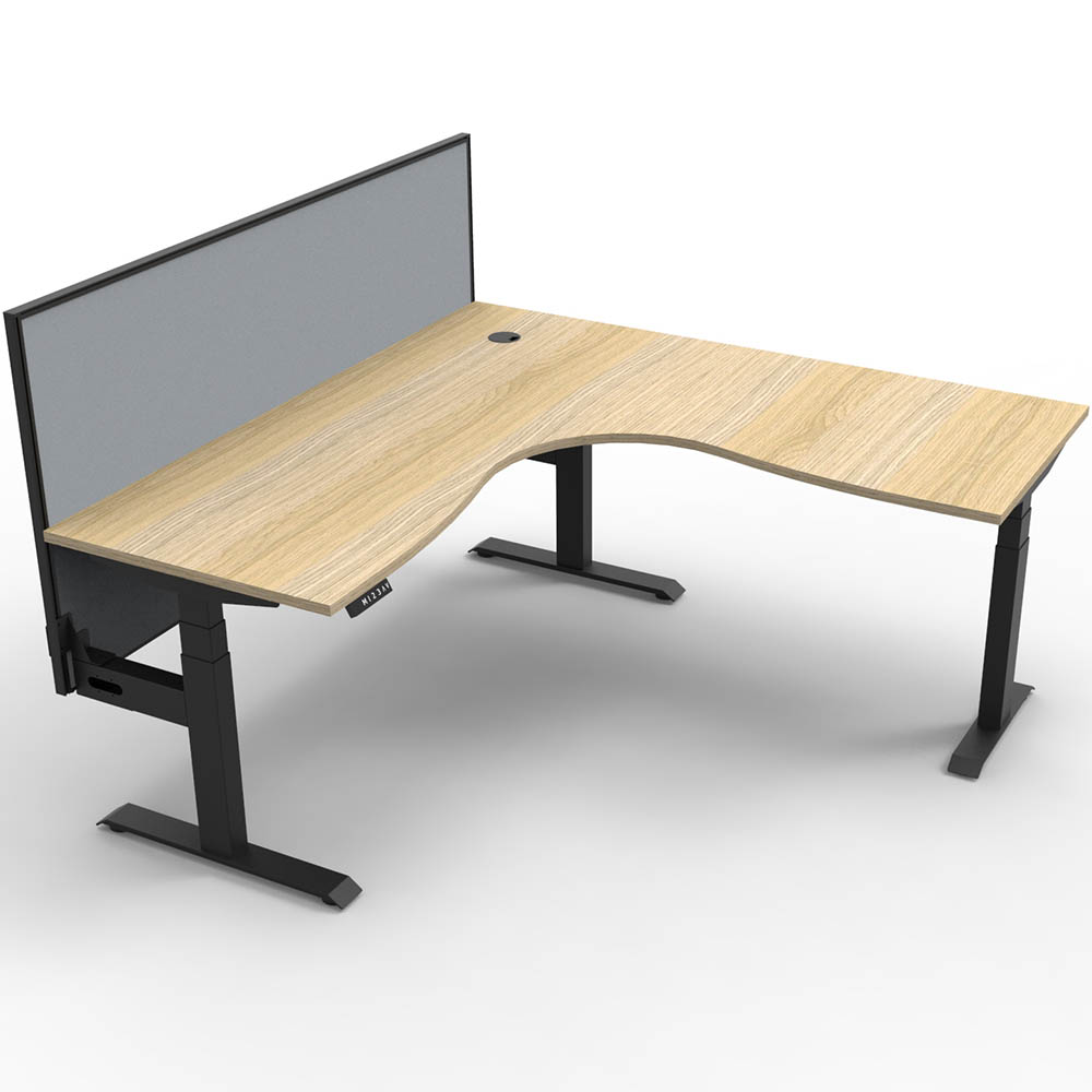 RAPIDLINE BOOST PLUS HEIGHT ADJUSTABLE CORNER WORKSTATION WITH SCREEN 1800 X 1800 X 750MM NATURAL OAK TOP / BLACK FRAME / GREY SCREEN