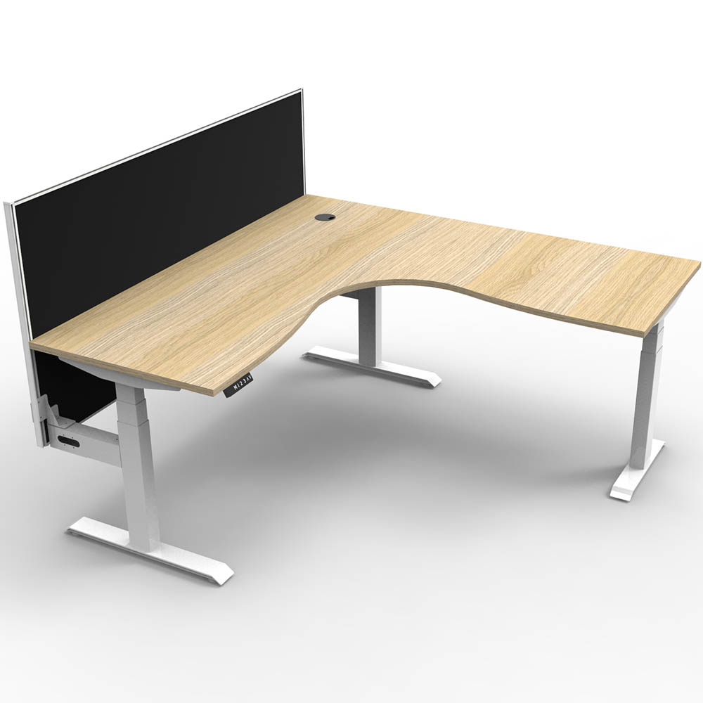 RAPIDLINE BOOST PLUS HEIGHT ADJUSTABLE CORNER WORKSTATION WITH SCREEN 1800 X 1800 X 750MM NATURAL OAK TOP / WHITE FRAME / BLACK SCREEN