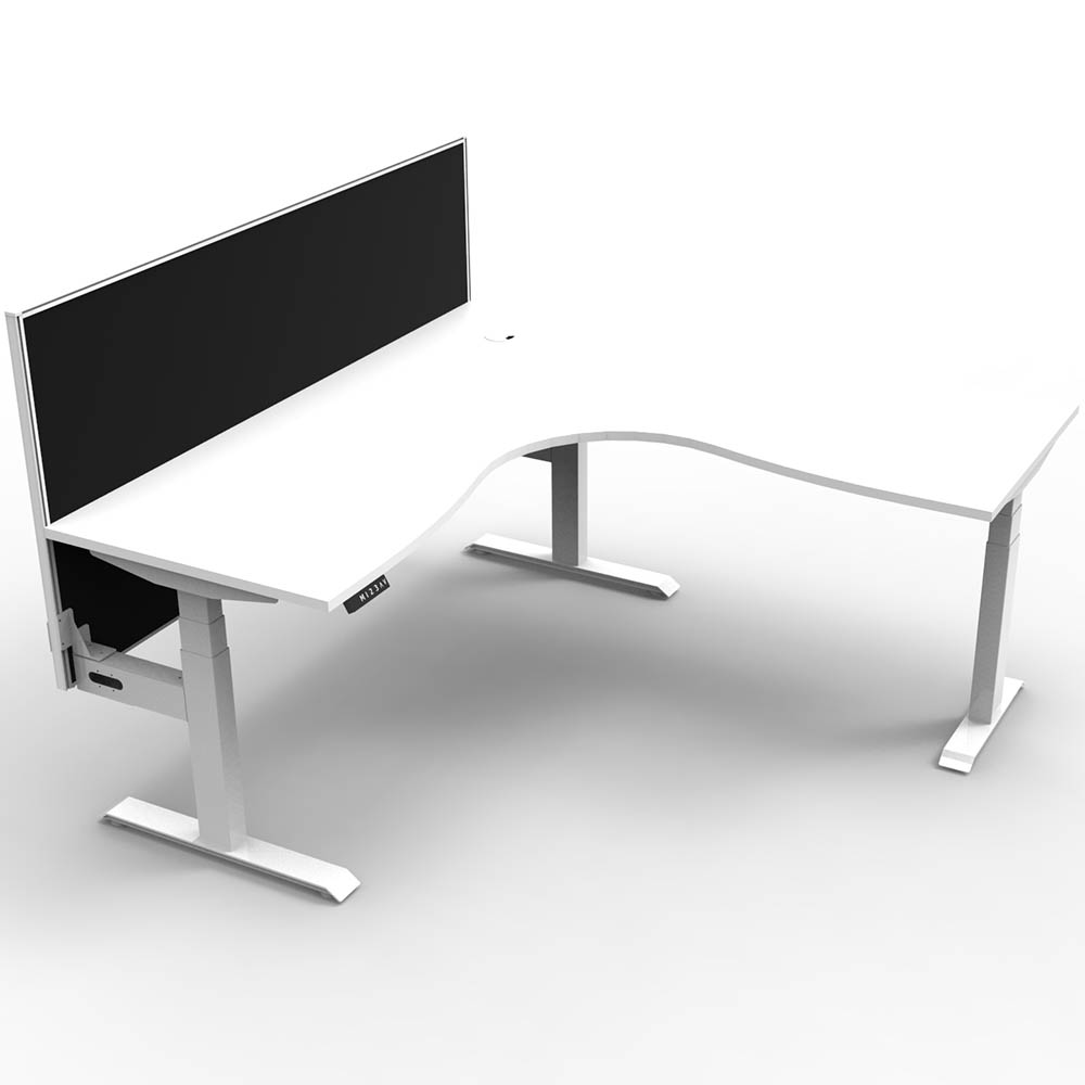 RAPIDLINE BOOST PLUS HEIGHT ADJUSTABLE CORNER WORKSTATION WITH SCREEN 1800 X 1800 X 750MM NATURAL WHITE TOP / WHITE FRAME / BLACK SCREEN
