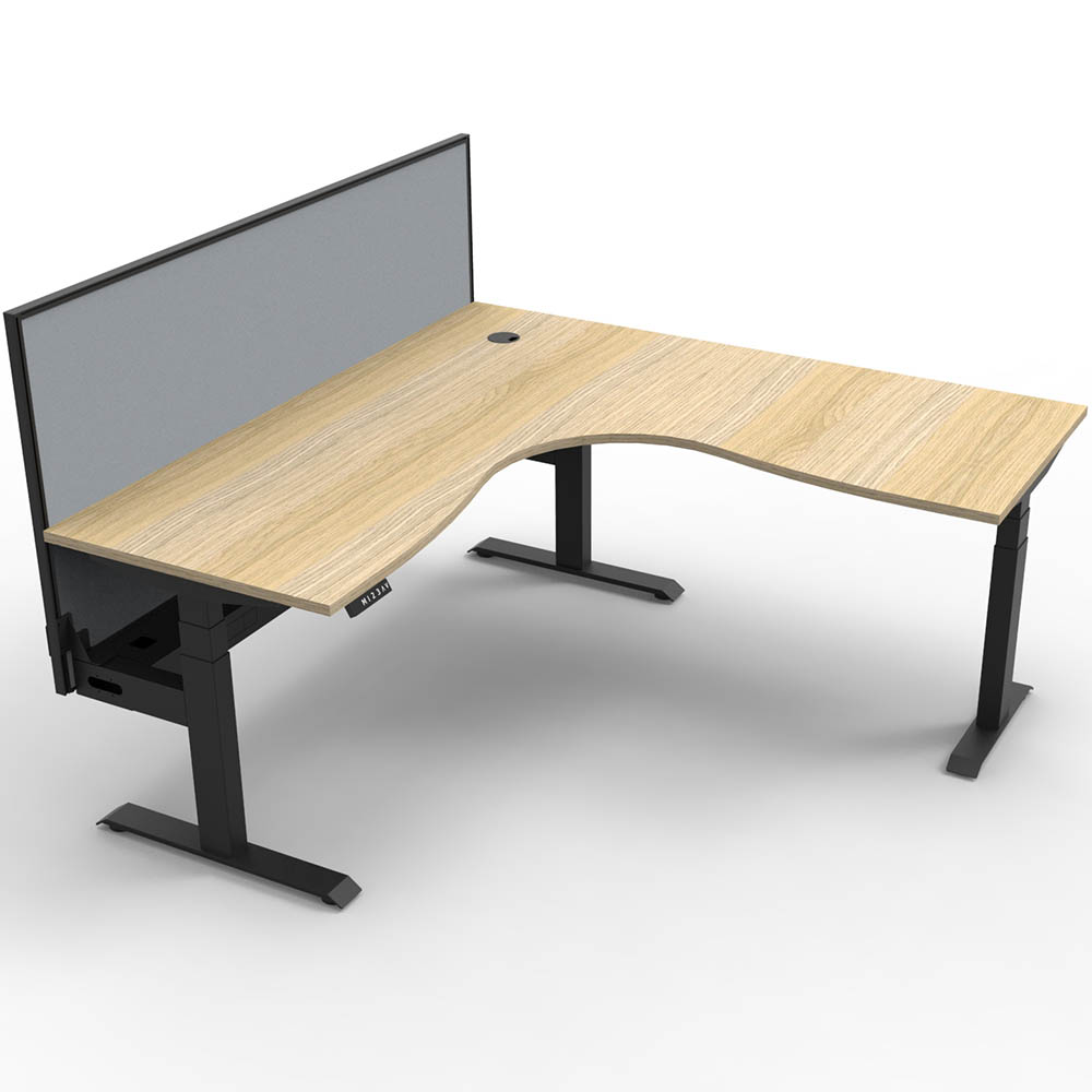 RAPIDLINE BOOST PLUS HEIGHT ADJUSTABLE CORNER WORKSTATION WITH SCREEN / CABLE TRAY 1500 X 1500 X 750MM NATURAL OAK TOP / BLACK FRAME / GREY SCREEN