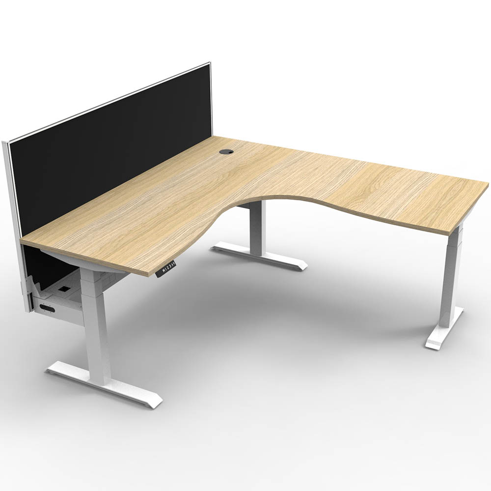 RAPIDLINE BOOST PLUS HEIGHT ADJUSTABLE CORNER WORKSTATION WITH SCREEN / CABLE TRAY 1500 X 1500 X 750MM NATURAL OAK TOP / WHITE FRAME / BLACK SCREEN