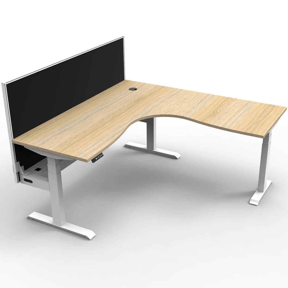 RAPIDLINE BOOST PLUS HEIGHT ADJUSTABLE CORNER WORKSTATION WITH SCREEN / CABLE TRAY 1800 X 1500 X 750MM NATURAL OAK TOP / WHITE FRAME / BLACK SCREEN