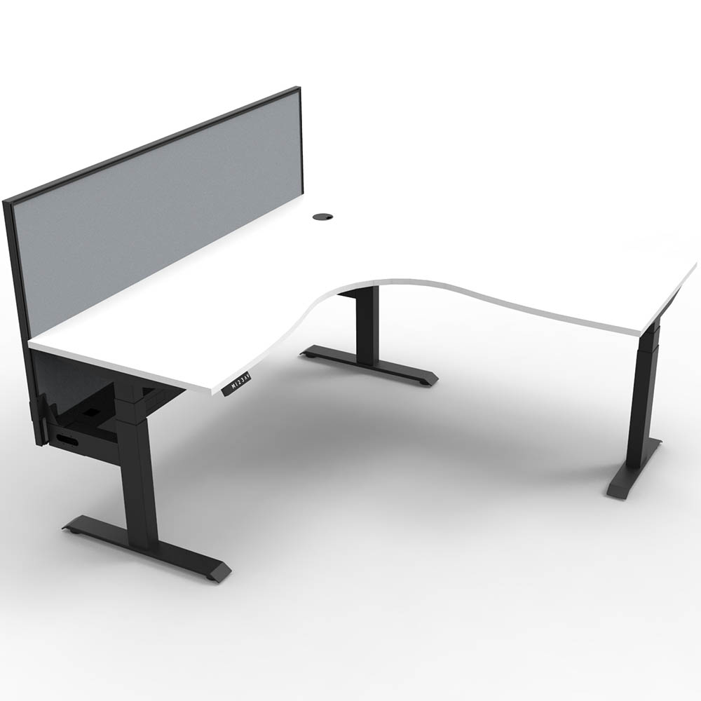 RAPIDLINE BOOST PLUS HEIGHT ADJUSTABLE CORNER WORKSTATION WITH SCREEN / CABLE TRAY 1800 X 1500 X 750MM NATURAL WHITE TOP / BLACK FRAME / GREY SCREEN