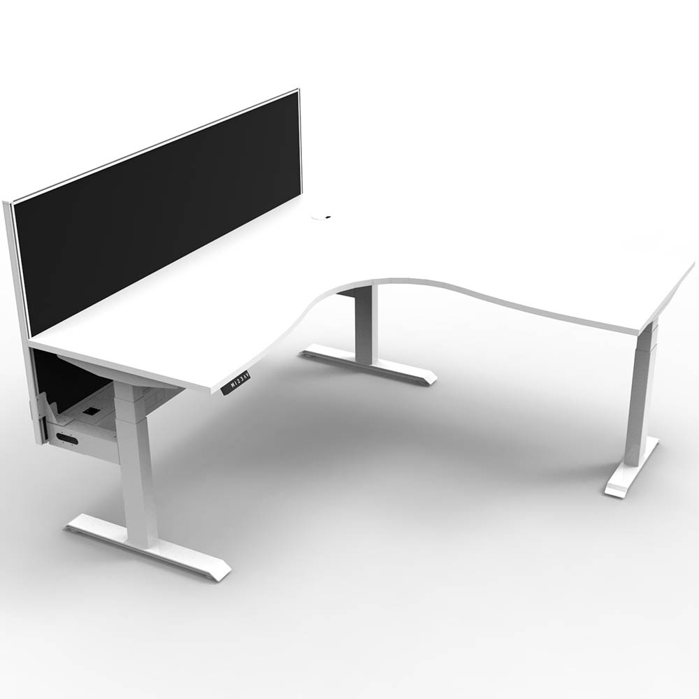 RAPIDLINE BOOST PLUS HEIGHT ADJUSTABLE CORNER WORKSTATION WITH SCREEN / CABLE TRAY 1800 X 1500 X 750MM NATURAL WHITE TOP / WHITE FRAME / BLACK SCREEN