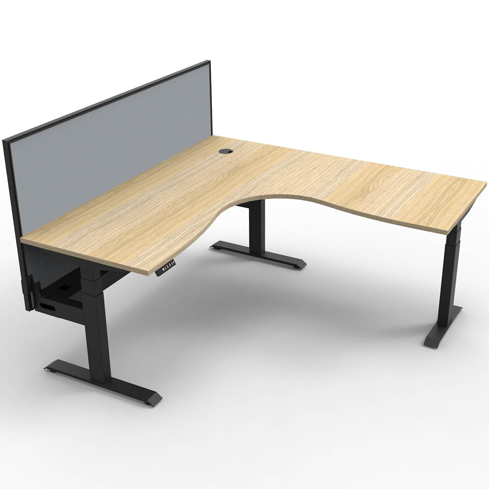 RAPIDLINE BOOST PLUS HEIGHT ADJUSTABLE CORNER WORKSTATION WITH SCREEN / CABLE TRAY 1800 X 1800 X 750MM NATURAL OAK TOP / BLACK FRAME / GREY SCREEN