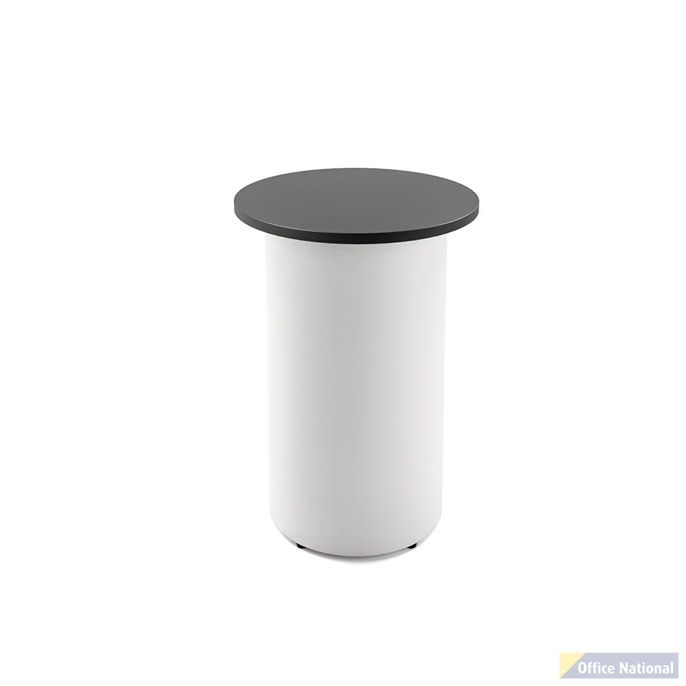 RAPIDLINE ROUND HIGH BAR TABLE DRUM BASE 600MM X 1050MM BLACK TOP AND WHITE P/C FRAME