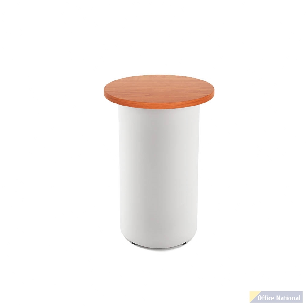 RAPIDLINE ROUND HIGH BAR TABLE DRUM BASE 600MM X 1050MM CHERRY TOP AND WHITE P/C FRAME