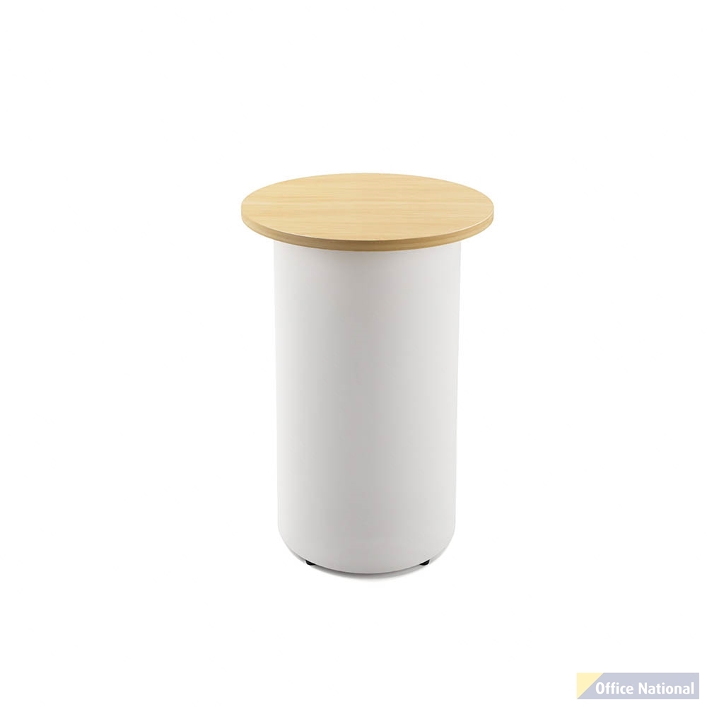 RAPIDLINE ROUND HIGH BAR TABLE DRUM BASE 600MM X 1050MM NATURAL OAK TOP AND WHITE P/C FRAME