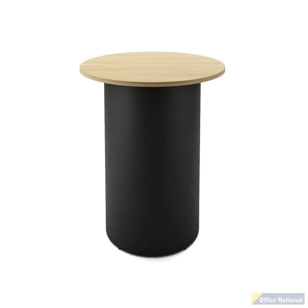 RAPIDLINE ROUND HIGH BAR TABLE DRUM BASE 900MM X 1050MM NATURAL OAK TOP AND BLACK P/C FRAME