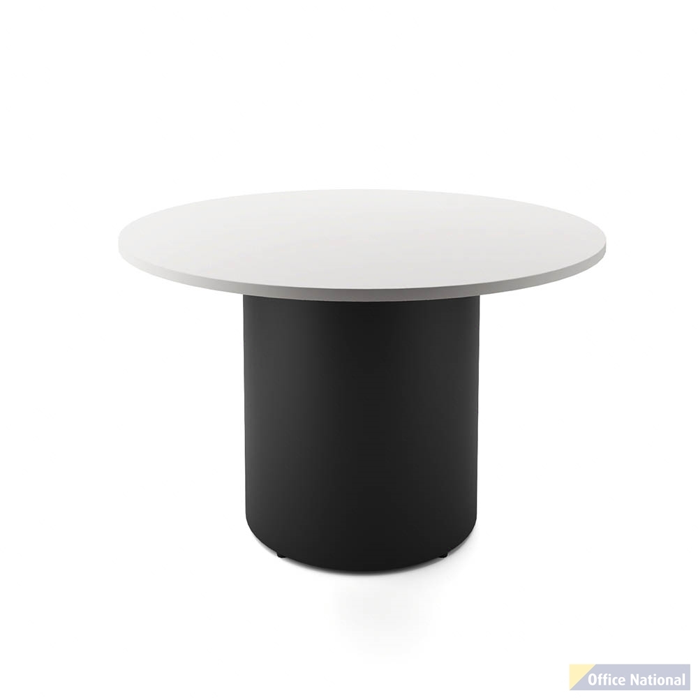 RAPIDLINE ROUND DRUM BASE TABLE 1200 X 730MM NATURAL WHITE TOP AND BLACK P/C FRAME