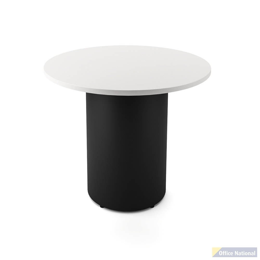 RAPIDLINE ROUND DRUM BASE TABLE 900 X 730MM NATURAL WHITE TOP AND BLACK P/C FRAME