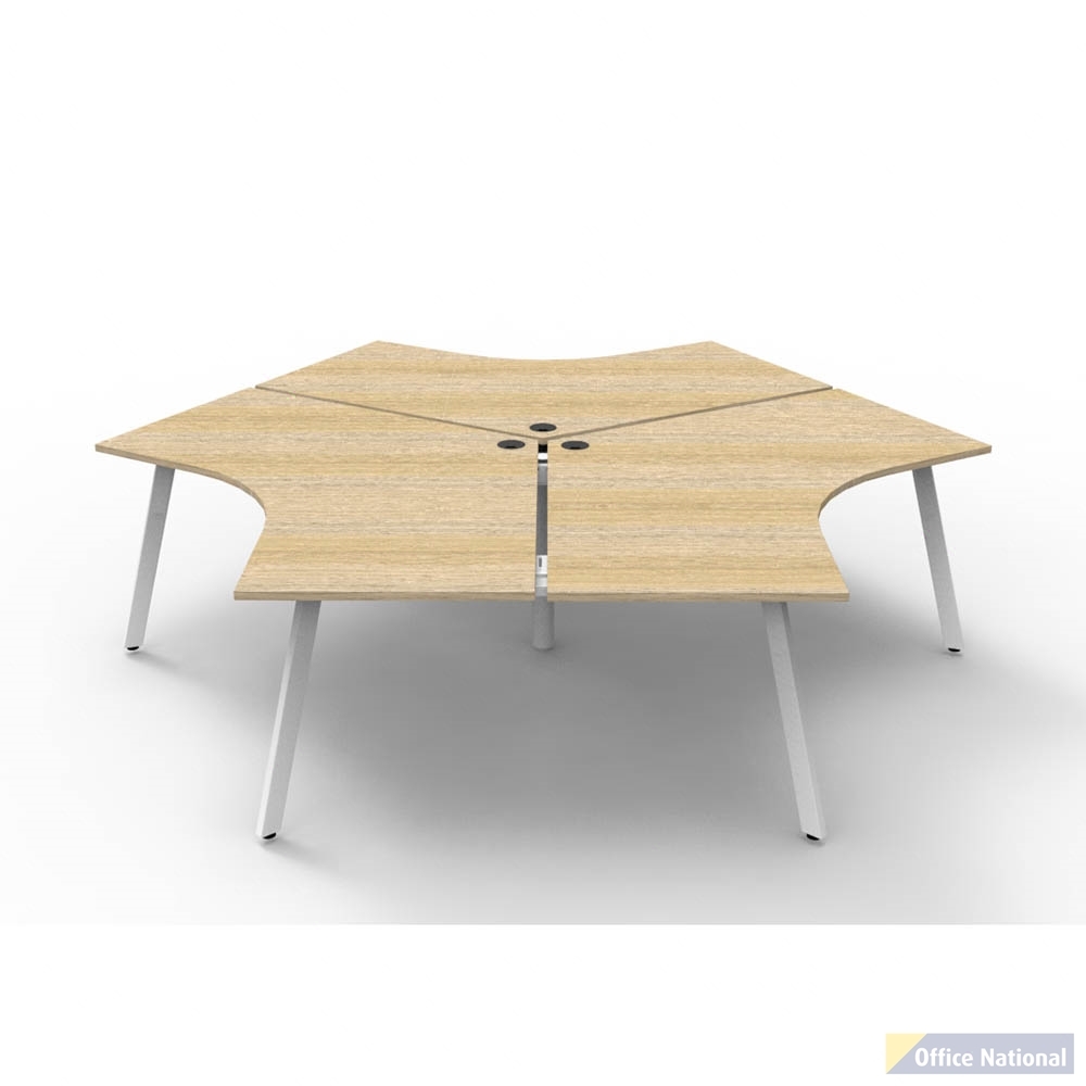RAPIDLINE DELUXE INFINITY 120 DEGREE WORKSTATION ETERNITY LEG 3 PERSON 2866W X 730MM NATURAL OAK TOP AND WHITE P/C FRAME