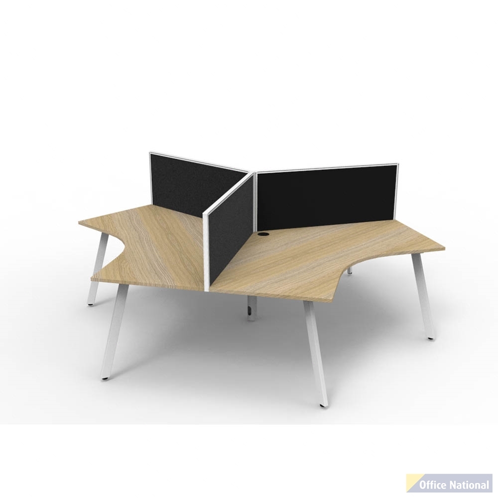 RAPIDLINE DELUXE INFINITY 120 DEGREE WORKSTATION ETERNITY LEG 3 PERSON WITH SCREEN 2866W X 730MM NATURAL OAK TOP AND WHITE P/C FRAME