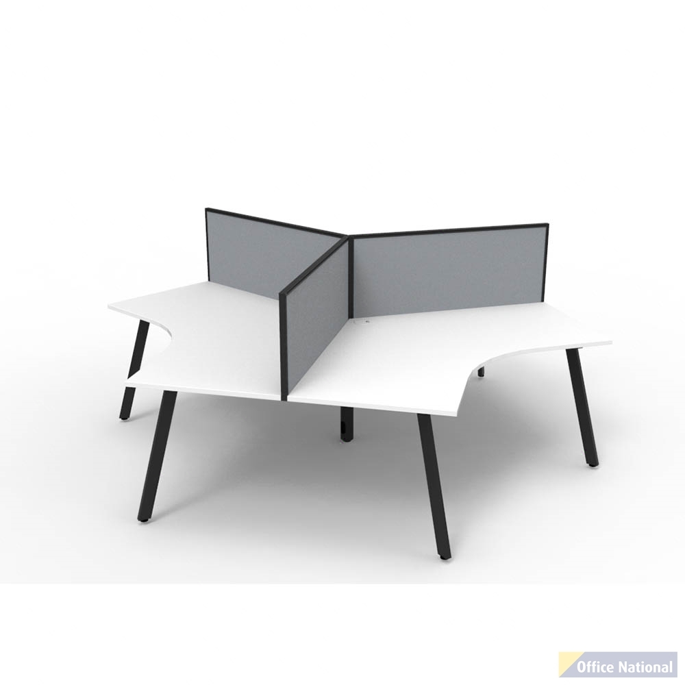 RAPIDLINE DELUXE INFINITY 120 DEGREE WORKSTATION ETERNITY LEG 3 PERSON WITH SCREEN 2866W X 730MM NATURAL WHITE TOP AND BLACK P/C FRAME