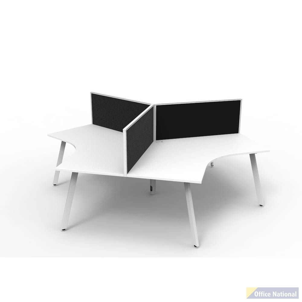 RAPIDLINE DELUXE INFINITY 120 DEGREE WORKSTATION ETERNITY LEG 3 PERSON WITH SCREEN 2866W X 730MM NATURAL WHITE TOP AND WHITE P/C FRAME
