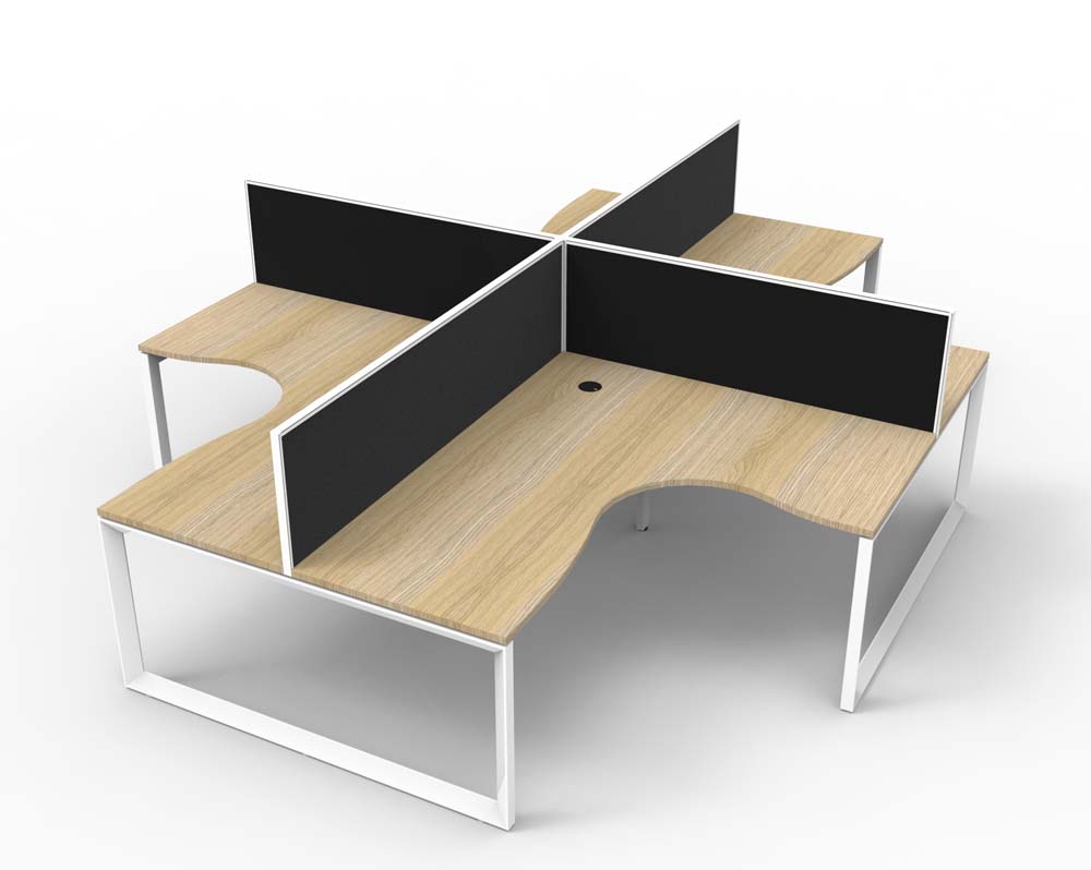 RAPID INFINITY DELUXE 4 PERSON LOOP LEG CORNER WORKSTATION POD 1500 X 1500MM BLACK SCREEN / NATURAL OAK TOP / WHITE FRAME