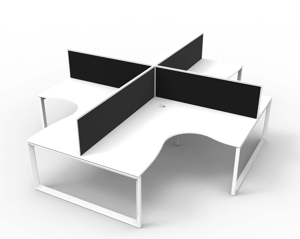 RAPID INFINITY DELUXE 4 PERSON LOOP LEG CORNER WORKSTATION POD 1800 X 1500MM BLACK SCREEN / NATURAL WHITE TOP / WHITE FRAME
